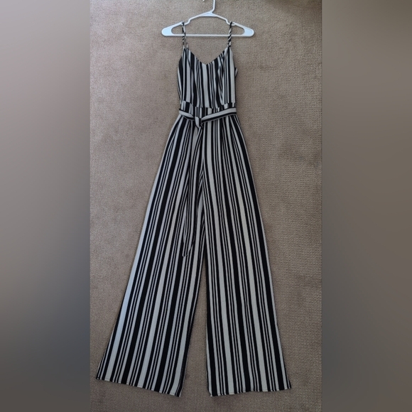 Monteau Pants - Monteau Black & Cream Pinstriped Spaghetti Strap Belted Split Wide Leg Jumpsuit